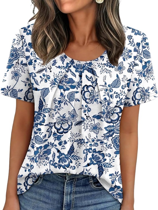 Tops - Boho Blue Floral Short-Sleeve Women's Top